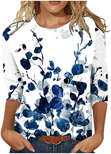 Обични врвови за жени трендовски цветни печатени маички со екипаж на долги ракави блуза 2023 летна лабава облека