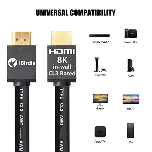 Ibirdie 8K HDMI 2.1 кабел 10 стапки CL3 во wallид оценет 8K60Hz 4K120Hz EARC ARC HDCP 2.3 2.2 Ultra висока брзина компатибилен со Dolby Vision