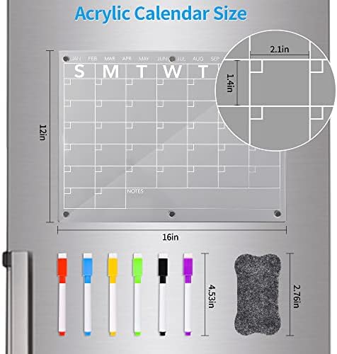 Календар на акрилен магнетски фрижидер и неделен планер месечна табла за суво бришење за фрижидер 6 маркери и магнетно планирање на оброк за