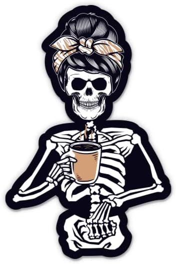 Womanенски скелет за налепница за кафе - 3 налепница за лаптоп - водоотпорен винил за автомобил, телефон, шише со вода - кофеин девојче