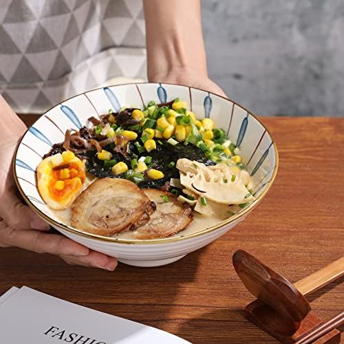 Керамички раменски сад сет од 4 40 унци јапонски големи раменски чинии со стапчиња за јадење и лажици и лавици керамички рамен азиски