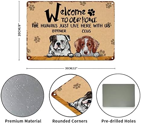 Alioyoit Смешно кучиња метални калај знаци за плакети сопствени кучиња име добредојде во нашиот дом луѓето овде со нас Новост куче