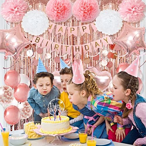 Розово Злато Роденден Декорации-Среќен Роденден Банер, Хартија Цвеќиња, Конфети Балони, Торта Врвот, И Позадина Завеса - Роденден Украси За