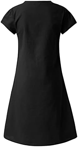 Womenенски памук и ленен фустан сончогледен печати краток ракав миди фустани скријте го стомакот лабав V вратот маички фустан 2023