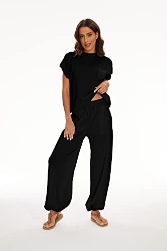 Missactiver женски високи половини лабави џемпери плетени панталони од дното на џогер, цврсти дневни панталони со предни џебови