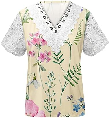 Женска летна модна маица V вратот цветни печати кошули чипка крпеница кратки ракави маички врвови облечени блузи