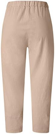 Летни постелнини панталони за жени со висока половината памучна постелнина цврста боја еластична половината бохо исечени панталони со