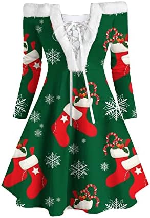 Божиќни коктелски фустани Tifzhadiao, божиќни коктел фустани, страшни V вратот, нејасен фустан од рамото, XMAS Printed Swing Conne Dence Fuest