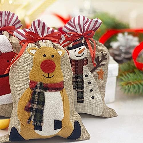 Детство 3 пакувања Божиќни торбички за божиќни торбички за подароци, големи ленени кеси со влечење, вреќа со бурлап на Дедо Мраз, Елк и Снежен човек, Кенди за бонбони