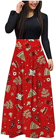 Женски фустани случајни, есенски долг ракав Божиќна крпеница во боја на бојата макси фустан Империја половината за свадба гостин фустан