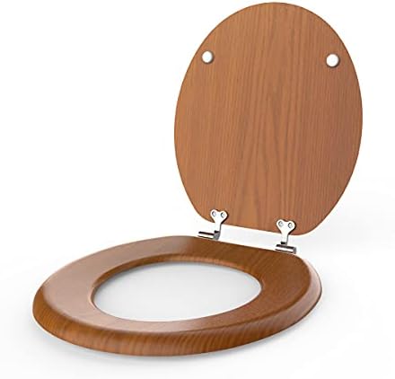 Б & К дрво тоалетно седиште за тоалетно седиште Дрвено ефект овално тоалетно седиште со хромирана шарка за сите тоалети со големина | 3-годишна