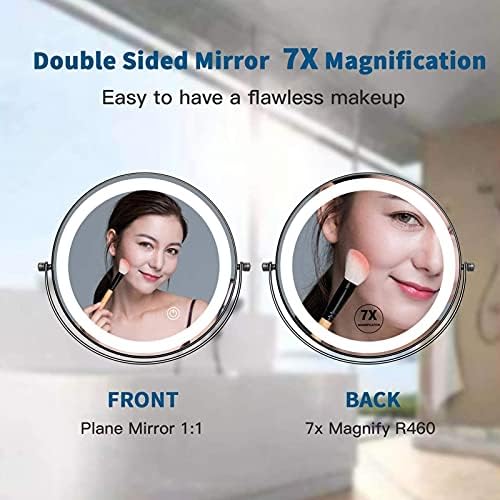 Zaahh Round Shape Wallид монтиран огледало за бричење за бања, USB двострана LED 360 ° вртење на преклопување на wallидот, монтиран за шминка,