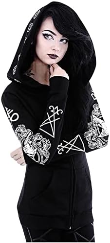 Готски дуксери за жени поштедуваат плус големина графичка јакна со качулка, Ноќта на вештерките Панк Гот улична облека Новина
