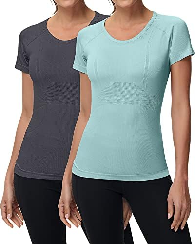 2 парчиња жени со кратки ракави за тренингот Беспрекорен тренингот за вежбање врвови опремени врвни спортски јога атлетски кошула врв