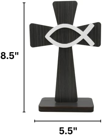 Неецо рустикален дрвен постојан крст со Центар за симболи на риби Исус, религиозен дом или канцелариски декор за полици, табели или
