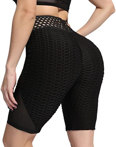 Текстурирани велосипедисти шорцеви за жени со високи половини со цврста истегнување жени атлетски шорцеви со џеб за вежбање во салата за вежбање