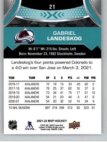 2021-22 Горна палуба МВП #21 Габриел Ландског Колорадо Лавина Алансин НХЛ хокеј Трговска картичка