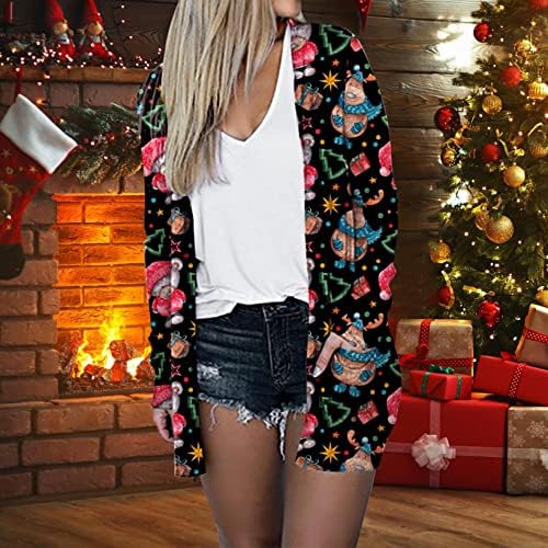 FMCHICO Божиќен џемпер за жени со долги ракави плетени кардиган отворен предниот џемпер за излез на облека со џеб