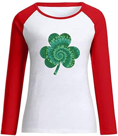 Womenените случајни маички за Денот на Свети Патрик, дами зелена зелена врат-врат, долги ракави блуза Шамрок Ирска Детелина врвови