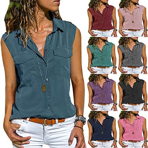 Andongnywell женски солидна боја на обични копчиња со лекови со џебни кошули носат летни копчиња кардиганска блуза