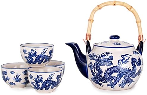 Среќна продажба hsts-blwave, јапонски стил совршен порцелан чај сет чајник со цедалка, дрвена рачка и 4 чаши чај, бранови