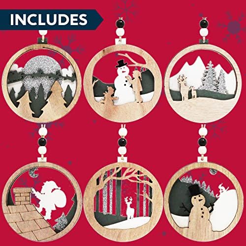 Joiedomi 6 парчиња дрвени Божиќни украси што висат Дедо Мраз, снежен човек, ирваси украси за празници во затворен/отворен простор, украсување