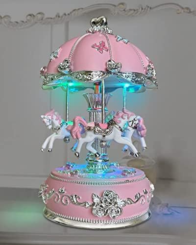 Музичка кутија за рингишпил Sdgina за девојки - Музички коњски рингишпил, ротирачки и игра мелодија замок на небото, розови музички кутии и фигурини