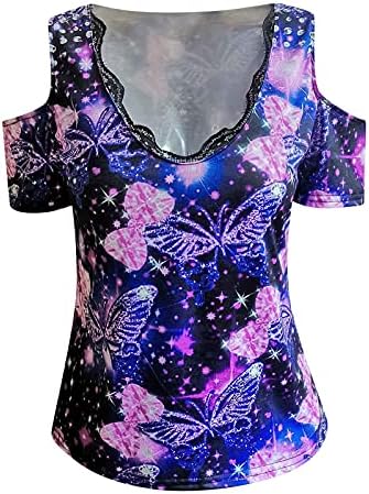 Тенок фит маички за жени за жени против вратот Цветни печатени маици со краток ракав лето дневно блуза за туника