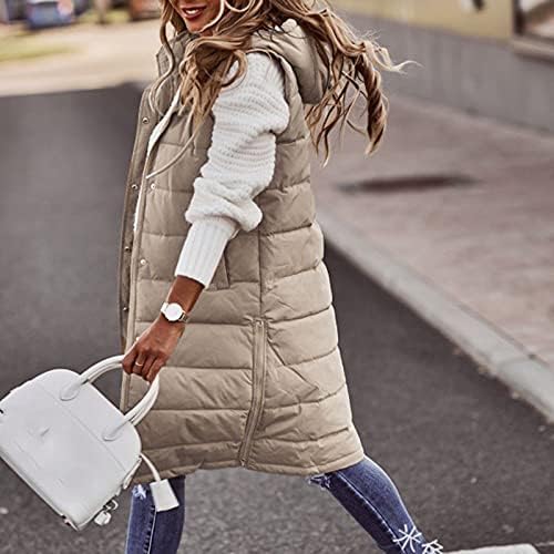 Womenенски лесен пуфер елек Зимски зимски патент со долга качулка без ракави јакни на отворено поставено палто на Гилет плус големина