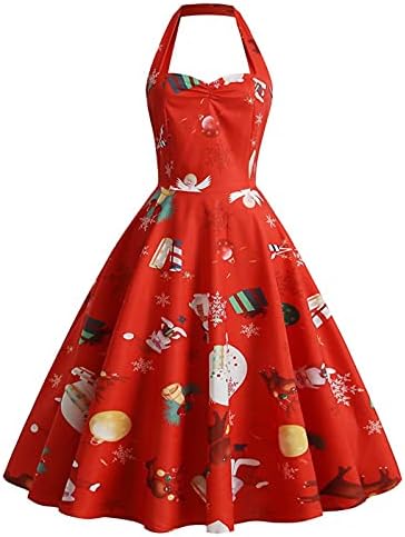 Божиќен гроздобер фустан жени 1950-ти рокебили замав фустан ретро хепберн стил запрена грда санта печати А-линија фустани