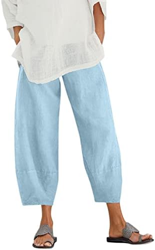 Памук постелнина капри панталони жени за жени летни обични капри панталони со џебови лабави вклопени бохо удобни панталони за плажа