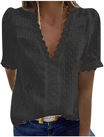Женска маица врвна лето лето лето V-вратот цврста боја кратка ракав чипка на врвот блуза крпеница маици графички жени тунични врвови