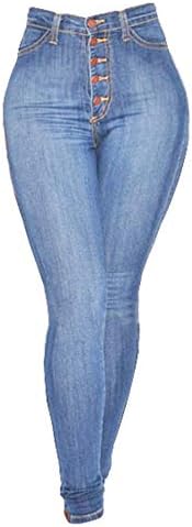 Angенски Skinенски Слаби со високи половини и задникот панталони со фармерки тенок фит тексас панталони со копче за патент