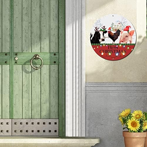 Тркалезен метален знак Плакета Среќна Божиќна смешна фарма животни Декоративен wallиден знак гроздобер круг венец знак метал уметнички отпечатоци