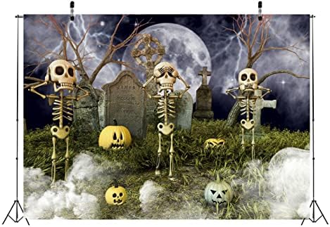 Локатор 9x6ft ткаенина за Ноќта на вештерките Фотографија Заднини Три скелети на гробишта тикви во позадина забава за роденденски