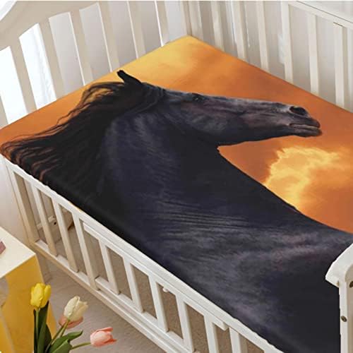 Коњи со тематски вграден креветче за креветчиња, стандарден сад за креветчиња, ултра мек материјал-бебе-лист за момчиња, 28 „x52“, портокалово црно