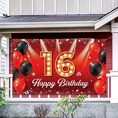 16 -ти роденденски банер за позадина, среќен 16 -ти роденденски украси за момчиња девојчиња, шеснаесет роденденски фото штанд, позадина, црна