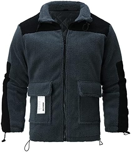 XXBR руно јакни за мажи, во боја блок крпеница патент надворешна облека зимско топло секојдневно палто со предни џебови