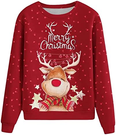Црвени Божиќни врвови за жени Симпатични ирваси графички џемпери лабави кошули со долги ракави, екипаж, обични џемпери, влечни