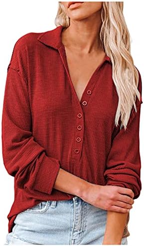 Rmxei женски v-врат со долги ракави пулвер лапел џемпер копчиња за џемпери блуза
