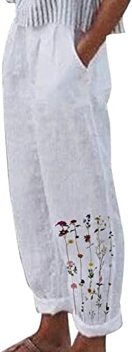 Panенски капри панталони, памучни постелнини обични цвеќиња широки нозе палацо јога каприс летни трендовски салон панталони со џебови
