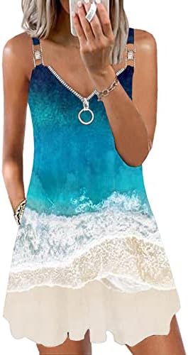 Етиј летни фустани за жени 2023 плажа Бохо цветни печати прикриени со ракави без ракави каиш со џебови со џебови
