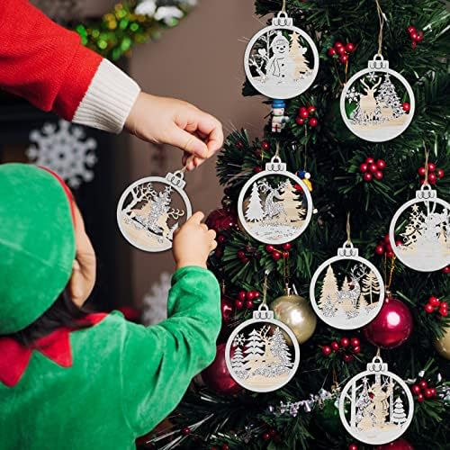8 парчиња зимска фарма куќа Божиќни украси за украси на новогодишни елки, 4 инчи дрвени рустикални украси поставени дрвени занаети за виси за