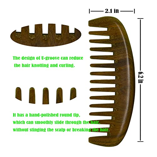 Природен зелен чешел за коса од сандалово дрво за кадрава и права коса дрвен чешел - без прицврстувачи, без статички, без затегнување