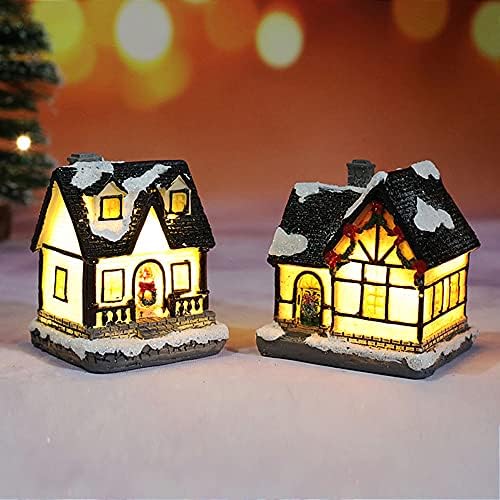 Јахукини 4 парчиња Божиќно село, мини осветлување на смола куќа батерија оперирана сјај во темна снежна куќа сцена со колекционерски згради