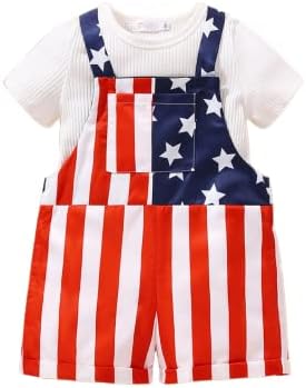 ГУОДЕУНХ 4-ти јули во јули дете момче момче патриотско облекување цврсти маички маички Американски комбинезони со џебни знами