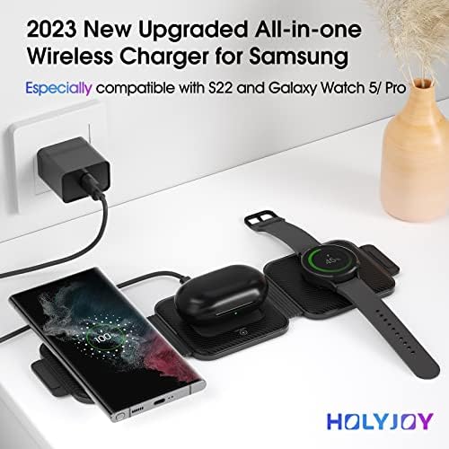 Мулти полнач Holyjoy, Брза безжична подлога за полнење + 3 во 1 Брзо полнење безжичен полнач компатибилен со Galaxy Watch 5 Pro/4/3/Active