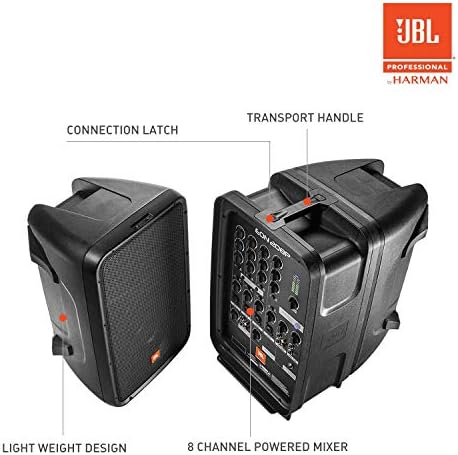 JBL Professional EON208P Преносен се-во-еден 2-насочен систем PA со 8-канален миксер и Bluetooth, црно