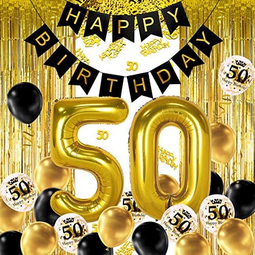 Movinpe 50 -та црна златна роденденска забава Декорација, среќен роденден банер, џамбо број 50 балон со фолија, 2 раб завеса, балон на латекс