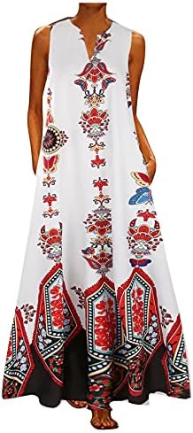 Фрагарн макси фустан за жени 2022 Бохемија Обичен резервоар за печатење Врвен фустан летен трендовски етнички принт лабав вклопување